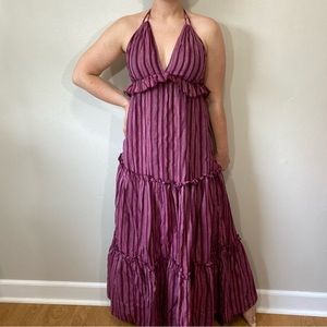 Lulu’s Vacay Babe Burgundy Striped Halter Maxi Dress Size XS